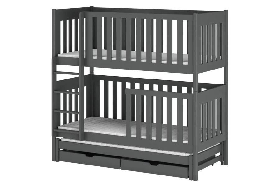 Dunkelgraues Etagenbett aus Holz mit stabilen Gittern, Leiter und praktischen Rollschubladen.