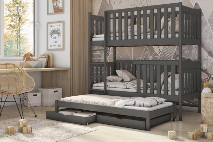 Modernes Etagenbett in Anthrazit mit Ausziehbett und Schubladen für das Kinderzimmer.