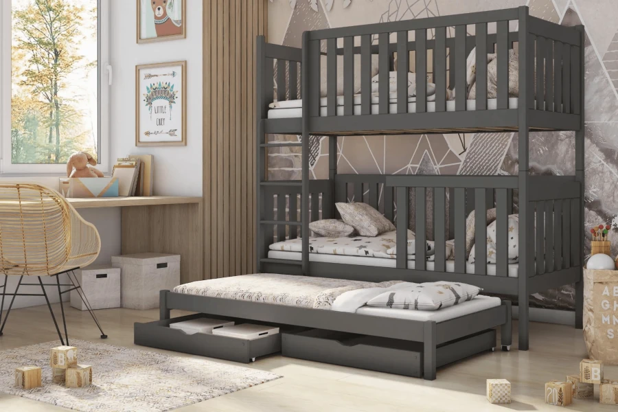 Modernes Etagenbett in Anthrazit mit Ausziehbett und Schubladen für das Kinderzimmer.