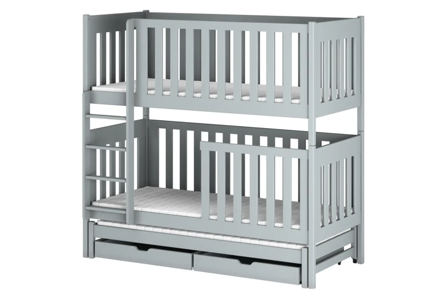 Graues Dreier-Etagenbett aus Holz mit praktischem Stauraum und ausziehbarer Gästeliege.