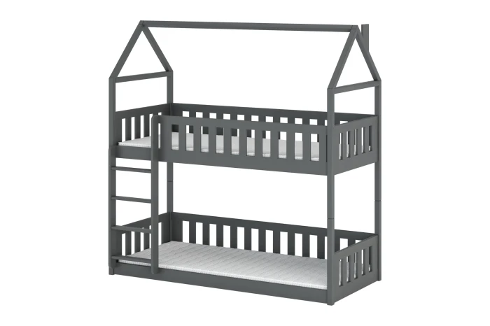 Modernes graues Etagenbett in Hausform für das Kinderzimmer auf weißem Hintergrund.