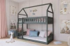 Furnished children's room with grey house bunk bed, pink curtains and decoration.