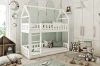 White house bed bunk bed for children in a light green children's room with wooden toys.