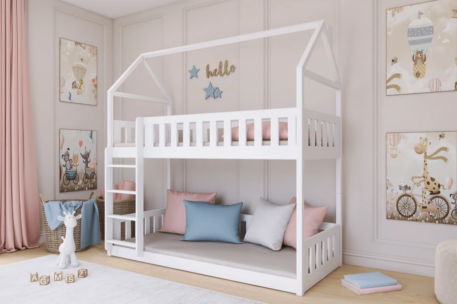 Modern white house bed bunk bed in a cosy children's room in pastel tones.