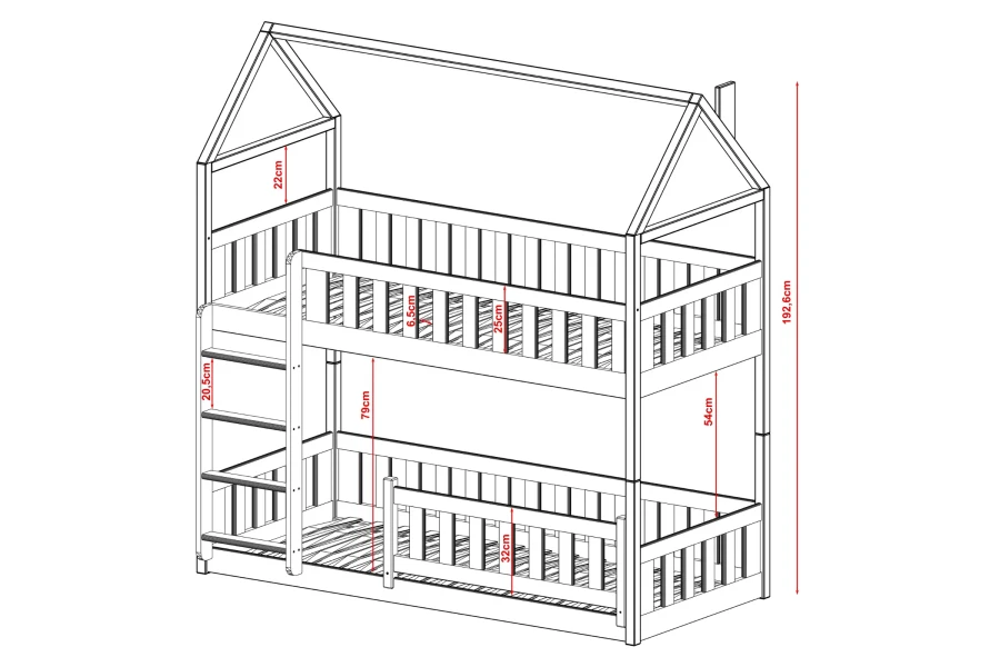 Technical drawing with dimensions for the children's bunk bed in house shape.