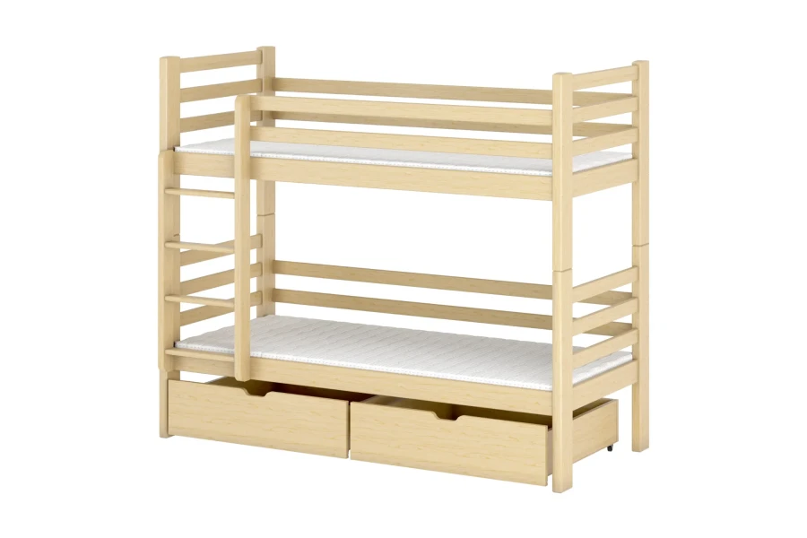 Etagenbett aus Kiefernholz mit Leiter und zwei praktischen Bettschubladen für Stauraum, Natur-Finish.