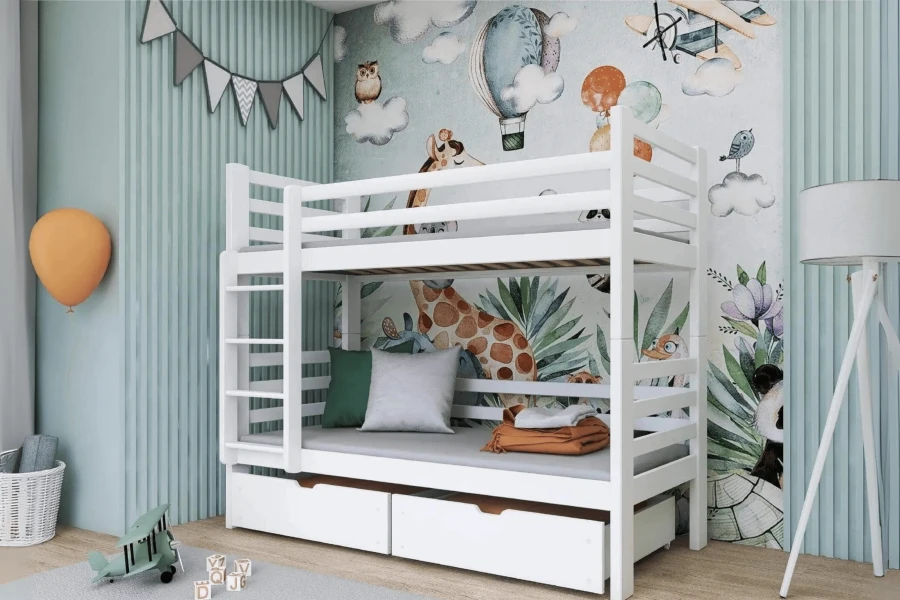 White bunk bed for children with drawers in a modernly furnished children's room with animal motifs.