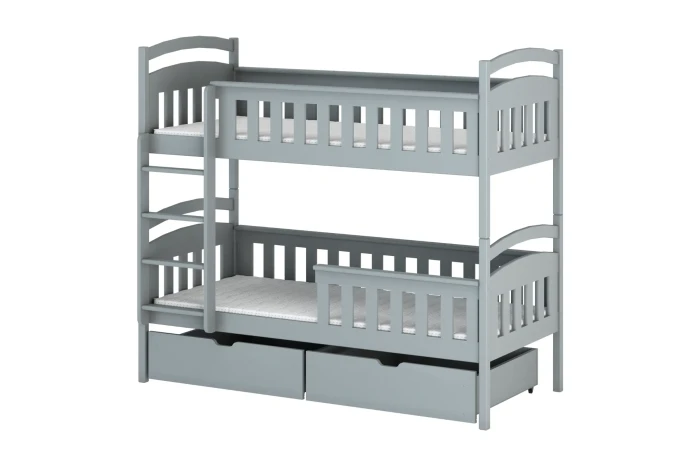 Graues Kinder-Etagenbett aus Massivholz mit zwei praktischen Bettschubladen.
