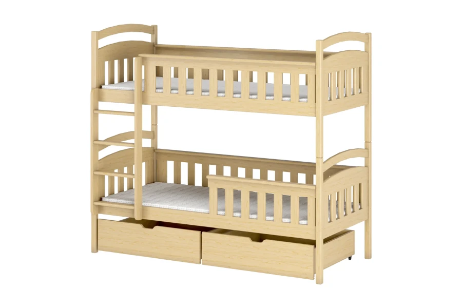 Klassisches Etagenbett aus Kiefernholz mit zwei Schubladen und Rausfallschutz für Kinder.