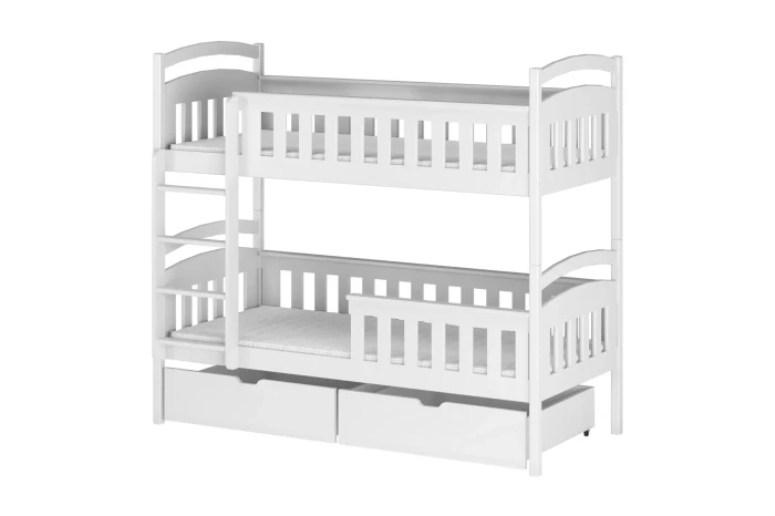Modernes weißes Etagenbett für zwei Kinder mit ausziehbaren Staufächern unter dem Bett.