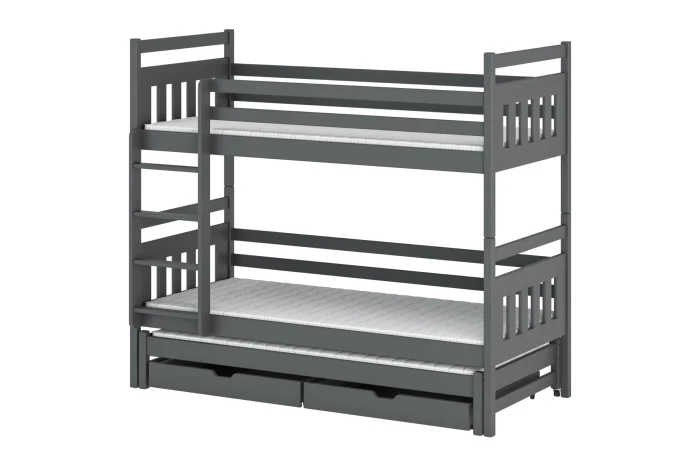 Graues Etagenbett aus Holz mit drei Schlafplätzen und zwei praktischen Schubladen für das Kinderzimmer.