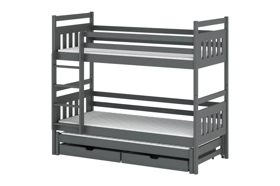 Graues Etagenbett aus Holz mit drei Schlafplätzen und zwei praktischen Schubladen für das Kinderzimmer.