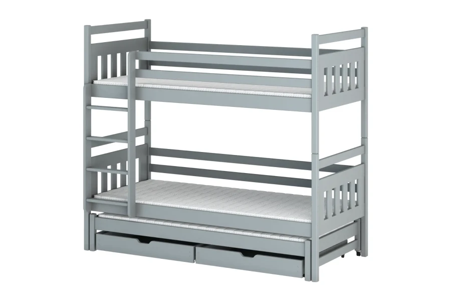 Graues Etagenbett aus Holz mit Ausziehbett und Schubladen für Kinder.