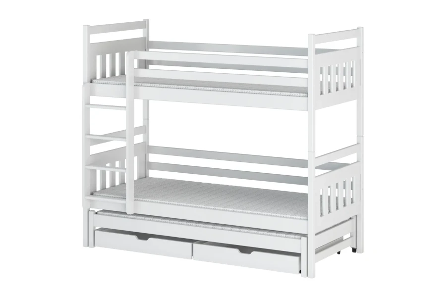Weißes Etagenbett mit drei Schlafplätzen und zwei Schubladen. Stabiles Massivholzbett für das Kinderzimmer.