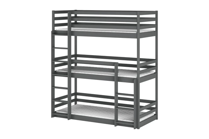 Modernes Dreier-Etagenbett in Graphitgrau aus massivem Kiefernholz.