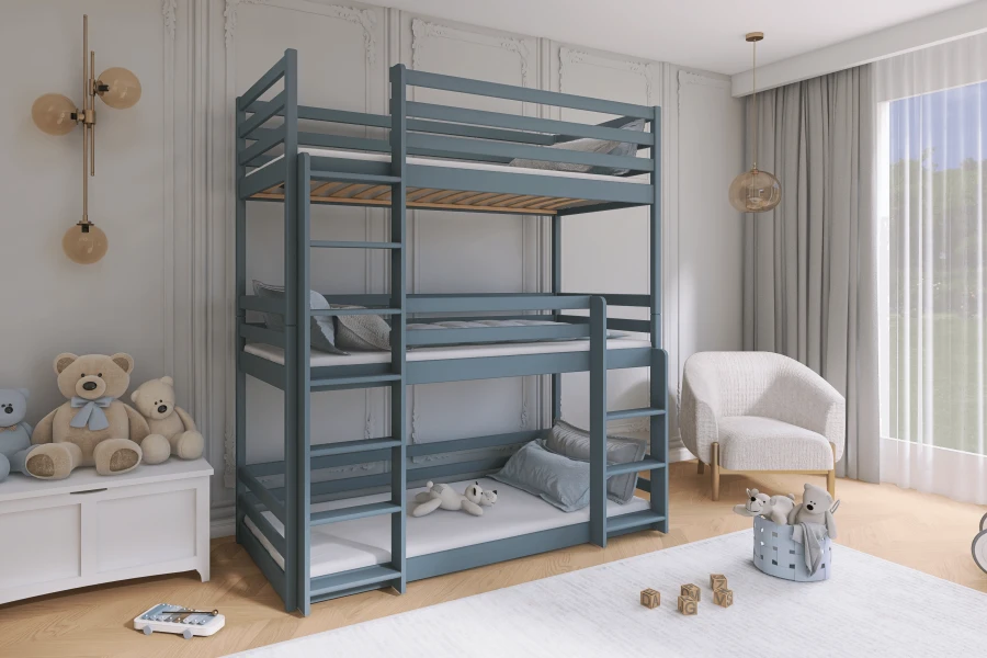 Eingerichtetes Kinderzimmer mit blauem Dreier-Stockbett und Dekoration.
