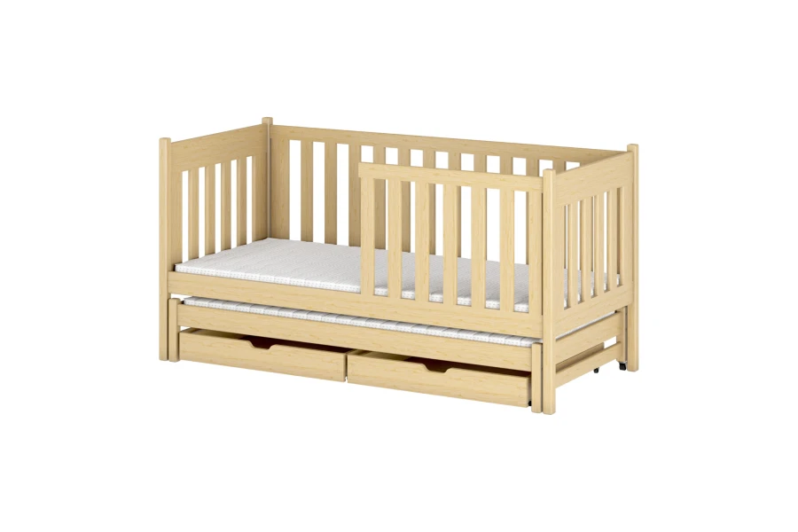 Massivholz-Kinderbett in Kiefer-Optik mit ausziehbarer zweiter Schlafgelegenheit und Bettkästen.
