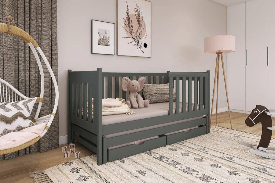 Graphitfarbenes Kinderbett mit Ausziehbett in modernem Kinderzimmer-Design.