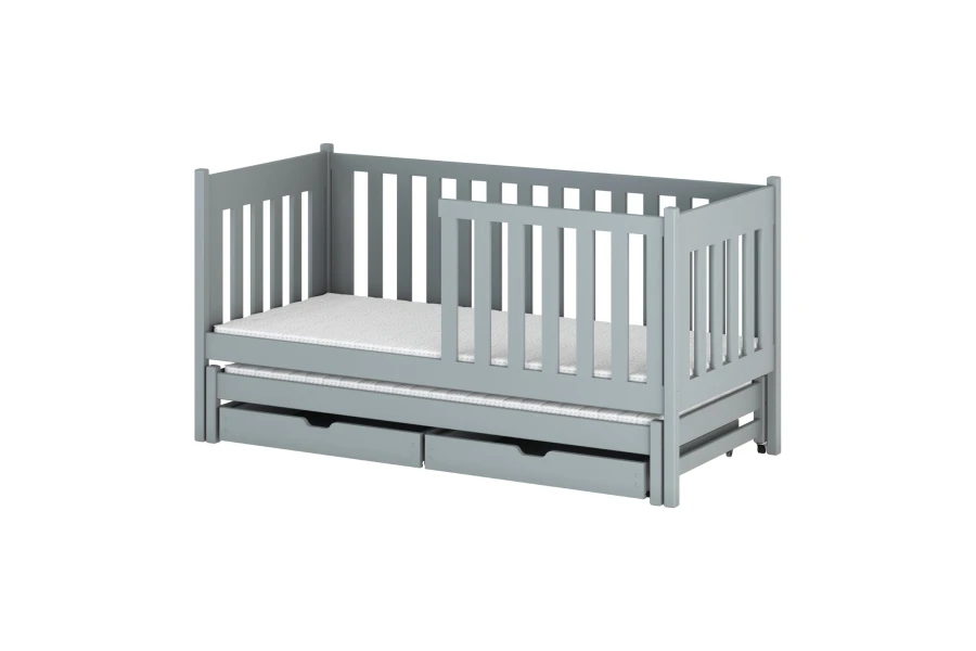 Aschgraues Kinderbett aus Massivholz mit Gästebett-Funktion und zwei Bettkästen.