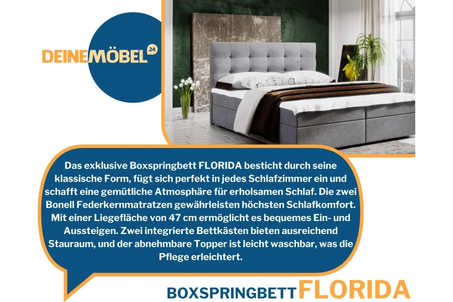 Boxspringbett Florida Highlights: Klassisches Design, Bonell-Federkern und Bettkästen.