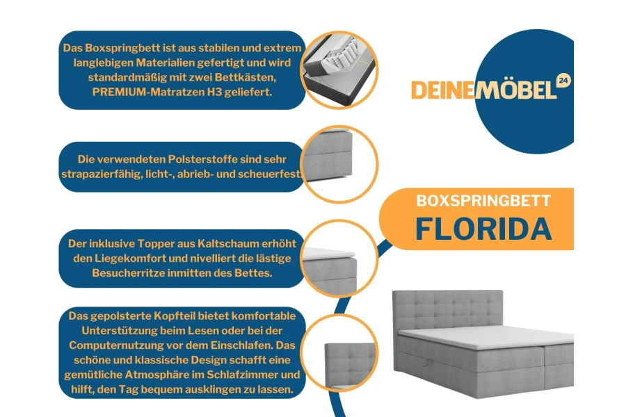 Boxspringbett Florida Details: Premium-Matratze H3, Kaltschaum-Topper und gepolstertes Kopfteil für Komfort.