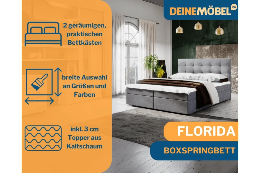 Boxspringbett Florida im Schlafzimmer-Design mit 2 Bettkästen und Topper in verschiedenen Farben verfügbar.