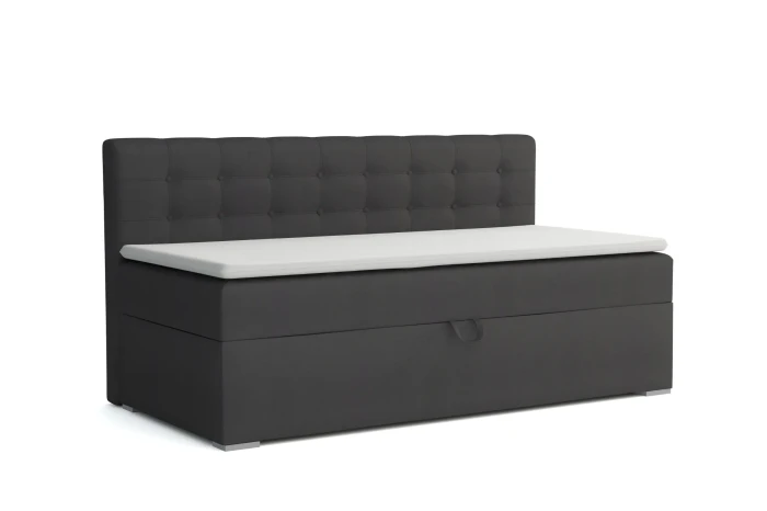 Dunkelgraues Polsterbett mit Bettkasten und gestepptem Kopfteil, modernes Schlafsofa.
