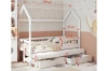 Maßangaben und Abmessungen für das weiße Kinderhausbett mit Zusatzbett und Schubladen.