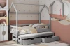 Graues Kinderhausbett mit Gästebett-Auszug, zwei Bettschubladen und verstellbaren Pfosten.