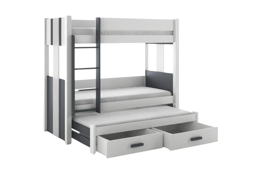 Modernes weiß-graues Etagenbett mit ausziehbarer dritter Schlafebene und praktischen Schubladen.