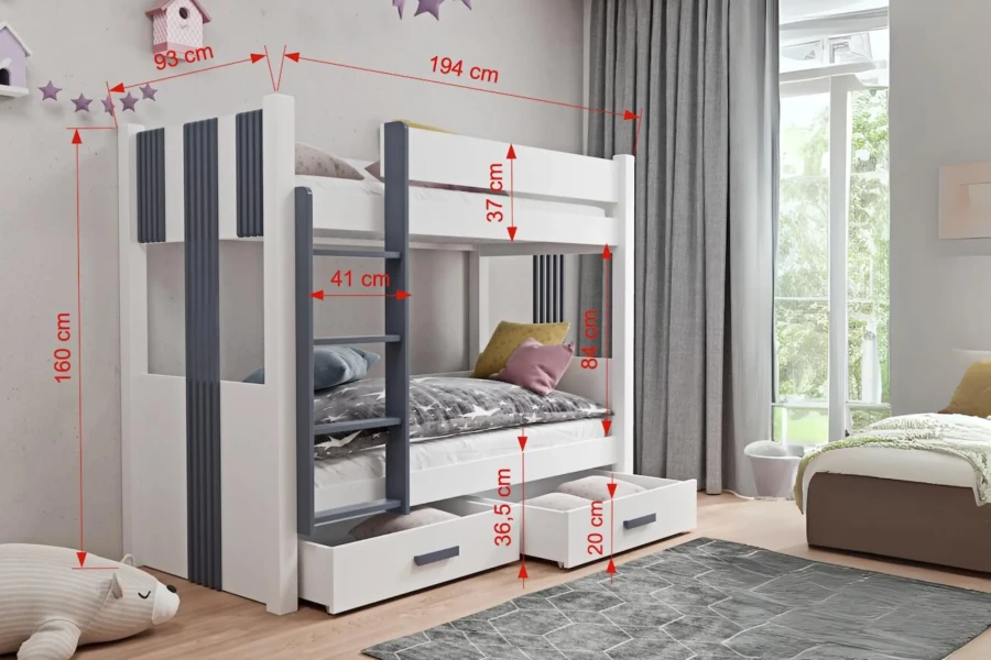 Detaillierte Maßangaben für das Etagenbett: Höhe 160 cm, Länge 194 cm und Breite 93 cm.