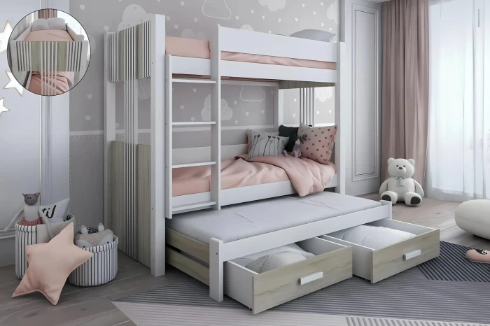 Wit kinder-stapelbed in houtlook met logeerbed en twee laden voor extra opbergruimte.