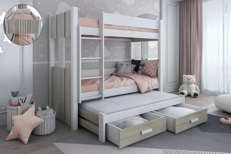 Wit kinder-stapelbed in houtlook met logeerbed en twee laden voor extra opbergruimte.