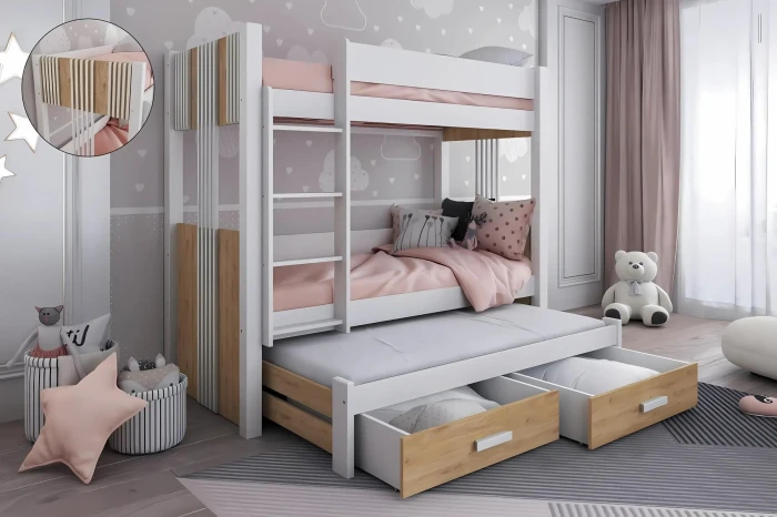 Kinder-Etagenbett in Weiß und Holz mit drittem Schlafplatz zum Ausziehen und zwei Schubladen.