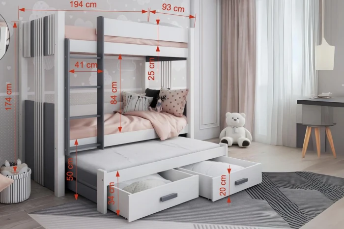 Dimensions for the bunk bed: 194 cm wide and 174 cm high with details on the bed box and sleeping surfaces.