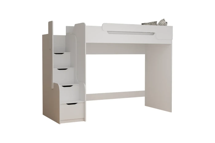 Weißes Hochbett für Kinder mit Treppe und integrierten Schubladen auf weißem Hintergrund.