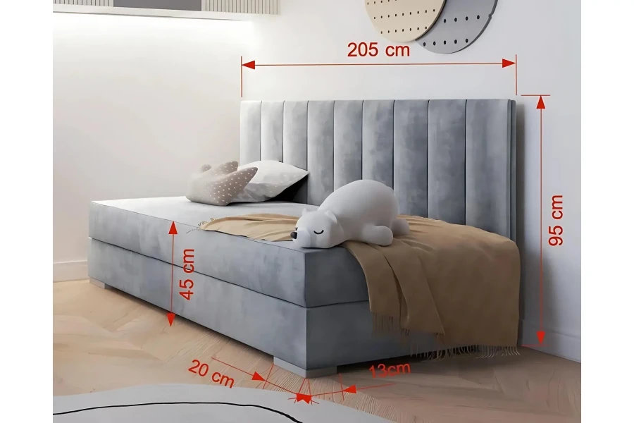 Graues Polsterbett für Kinder mit Maßen: 205 cm Länge, 95 cm Höhe und 45 cm Sitzhöhe.