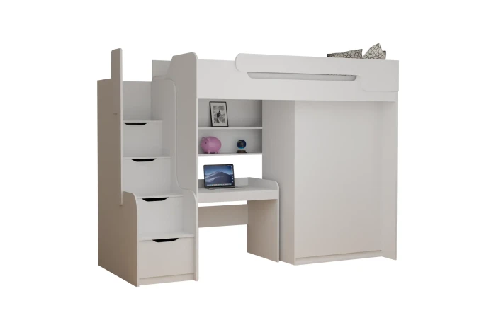 Weißes Hochbett mit Schreibtisch, Regalen und integrierter Treppe mit Schubladen.