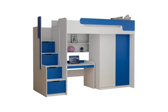 Weiß-blaues Kinder-Hochbett mit integriertem Schreibtisch, Kleiderschrank und Treppe mit Stauraum.