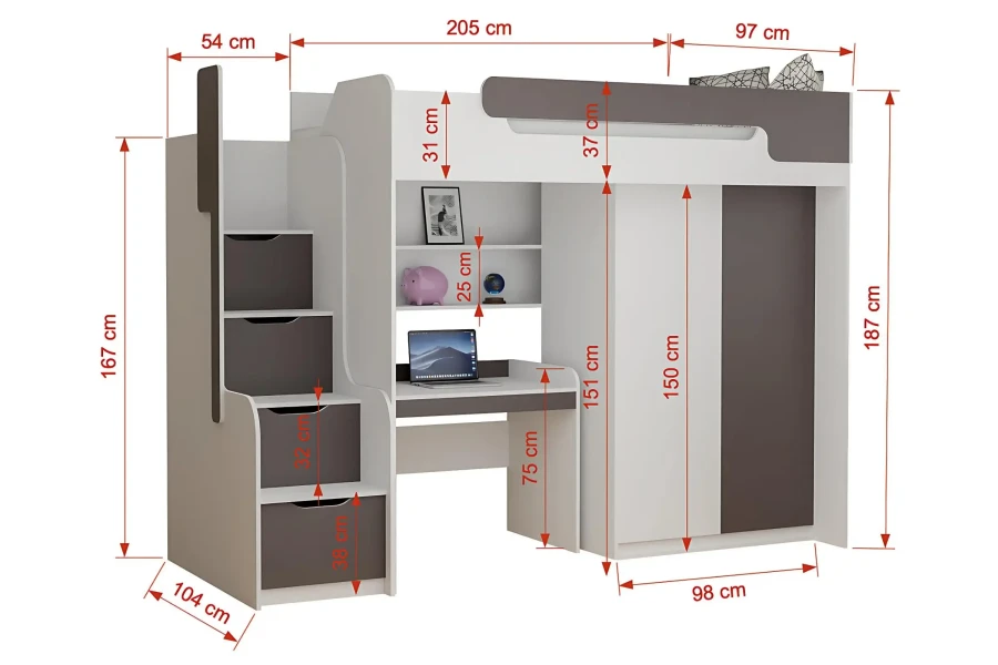 Technische Zeichnung mit Maßen für das Multifunktions-Hochbett mit Schrank und Schreibtisch.
