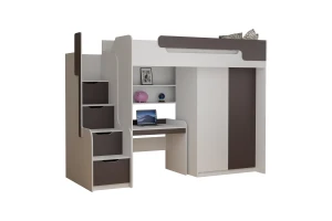 ARTHUR 90x200 Weiß + Graphit Hochbett Funktionsbett Etagenbett mit Schreibtisch, Schrank und Treppe Deine Möbel