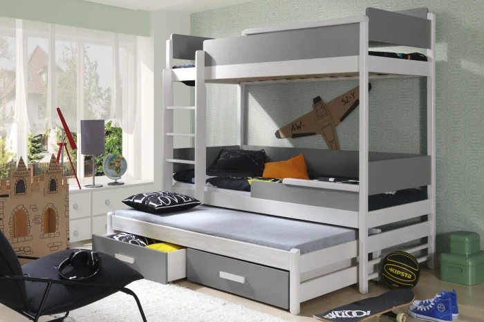Modernes Etagenbett in Weiß und Grau mit ausziehbarer dritter Liegefläche und Schubladen im Kinderzimmer.
