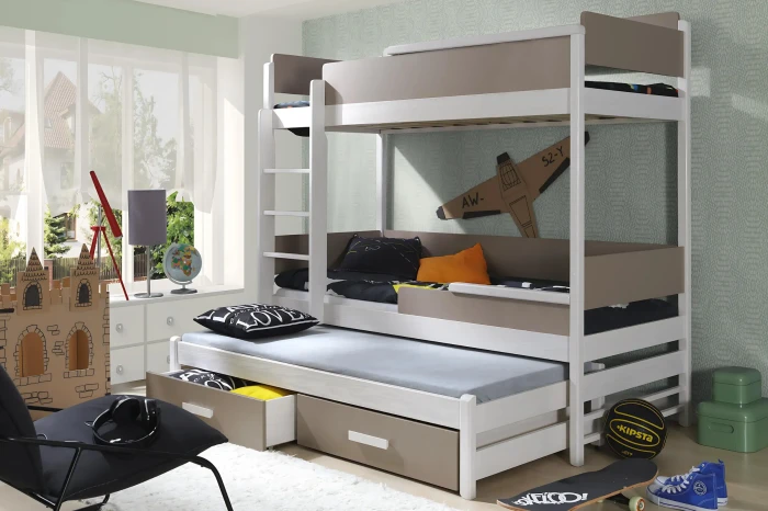 Weiß-graues Funktionsbett für Kinder mit drei Schlafplätzen und praktischem Stauraum für Spielzeug.