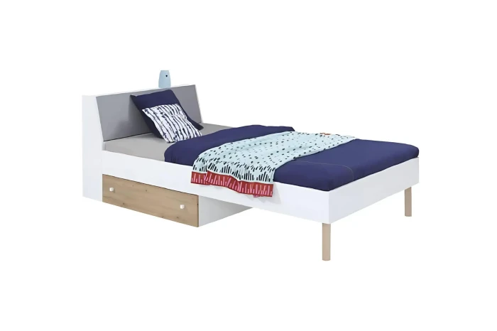 Modernes Jugendbett in Weiß und Eiche mit geräumiger Bettschublade für zusätzlichen Stauraum.