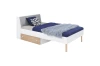 Modernes weißes Jugendbett mit Bettkasten in Eichenoptik und blauer Bettwäsche.