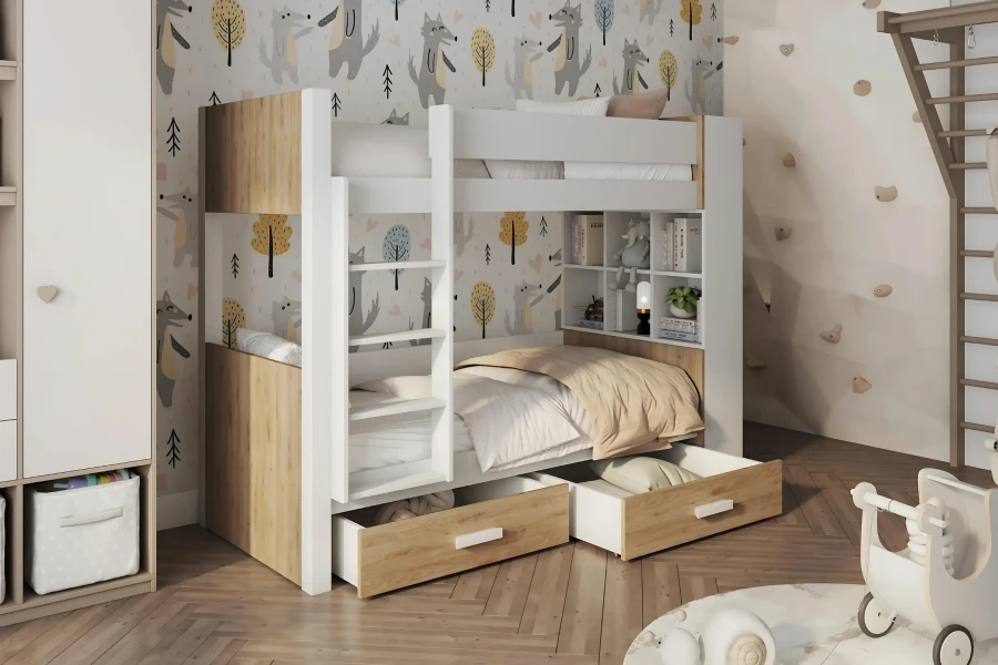 Modernes Etagenbett in Eichenoptik und Weiß mit integrierten Regalen und Schubladen für das Kinderzimmer.