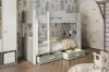 Etagenbett in Grau-Weiß mit integrierten Regalen und Bettkästen in einem modern gestalteten Kinderzimmer.