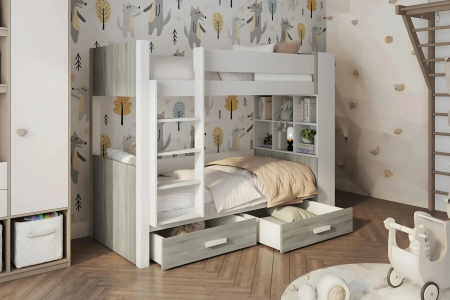 Etagenbett in Grau-Weiß mit integrierten Regalen und Bettkästen in einem modern gestalteten Kinderzimmer.