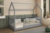 Modernes Hausbett in Grau für das Kinderzimmer, gefertigt aus Holz mit umlaufendem Sicherheitsgitter.