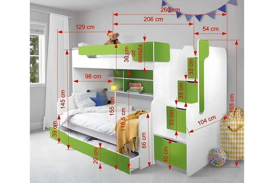 Detaillierte Maßangaben für ein weiß-grünes Etagenbett mit Treppe und Stauraum im Kinderzimmer.
